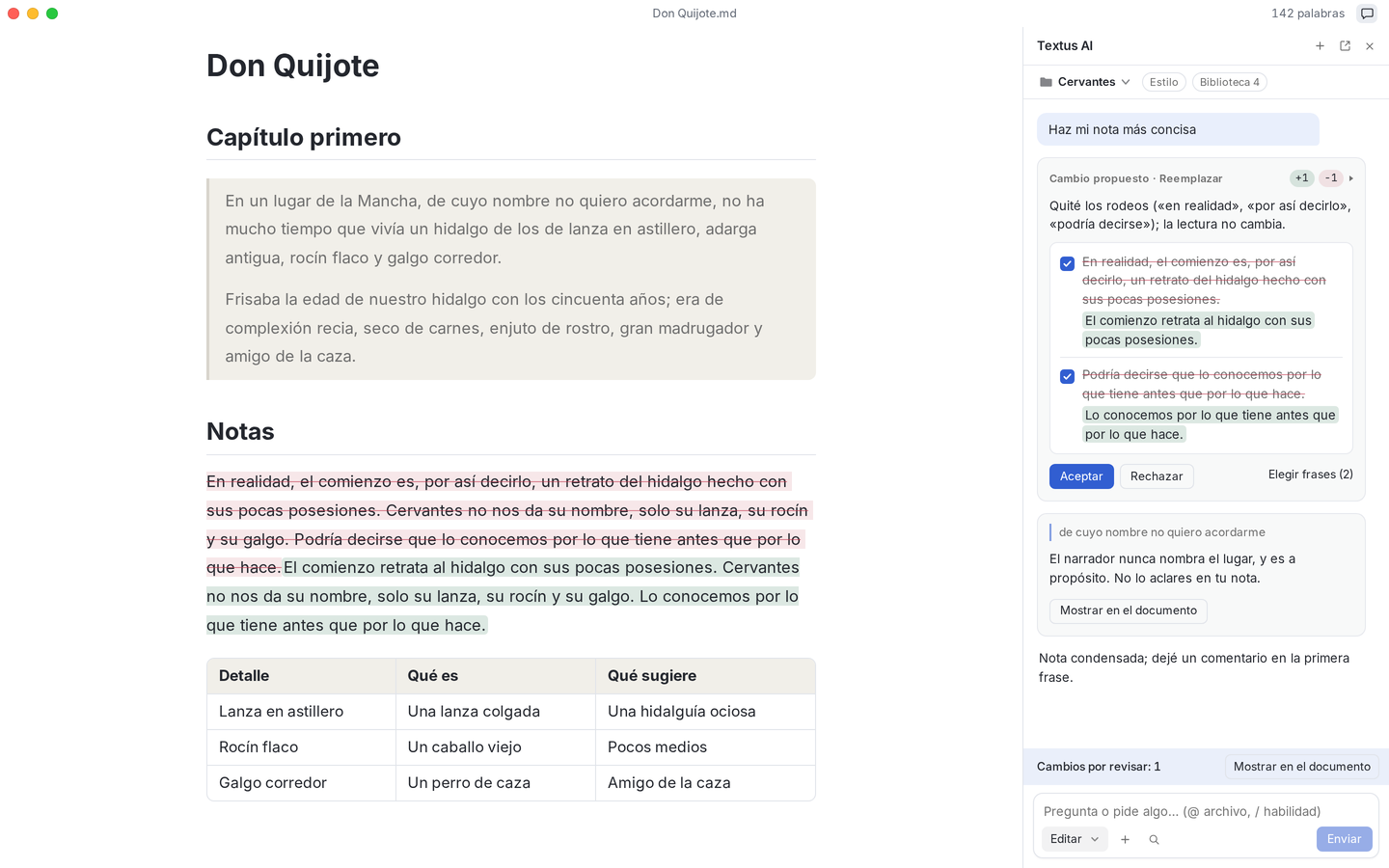 Textus con Hamlet abierto. Al lado, Textus AI propone un cambio razonado, frase a frase, y deja un comentario junto a una línea.