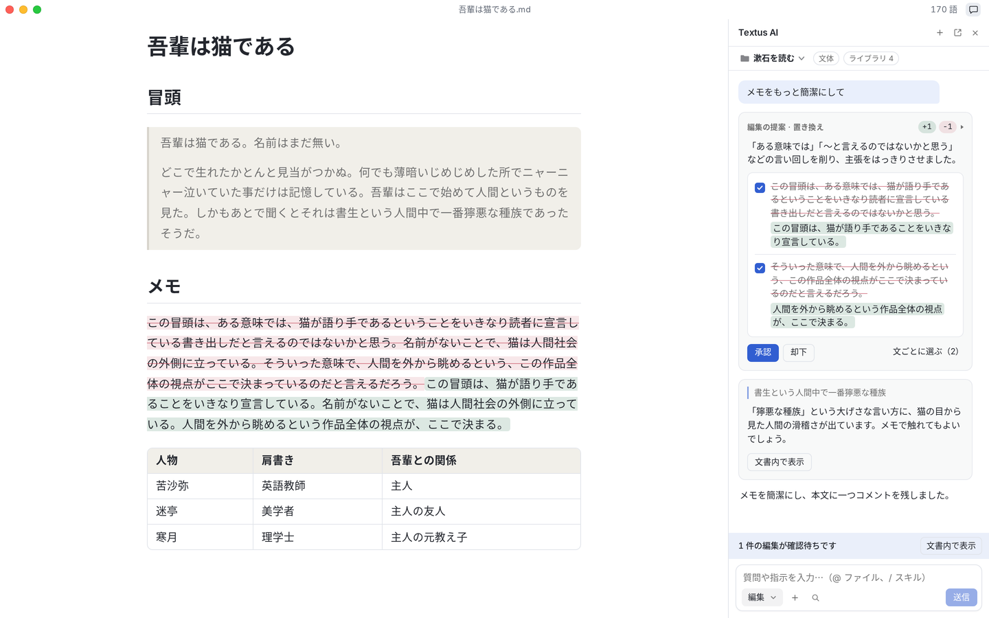 『吾輩は猫である』を開いたTextus。横のパネルではTextus AIが一文ずつ理由を添えて修正を提案し、本文の一行にはレビューのコメントが付いている。