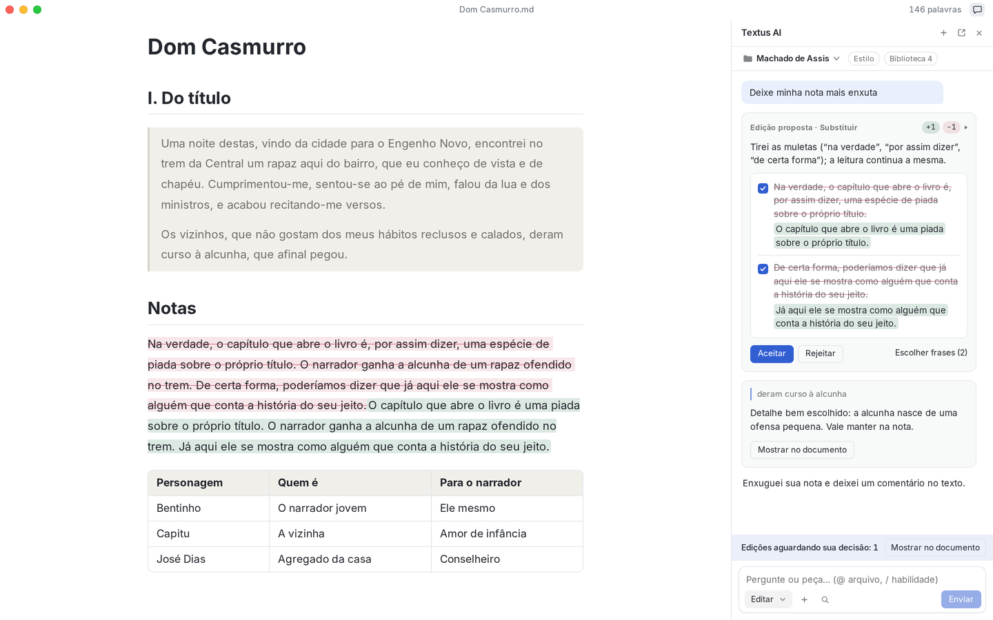 O Textus com Hamlet aberto. Ao lado, a Textus AI propõe uma edição frase a frase, com o motivo, e fixa um comentário de revisão numa linha.